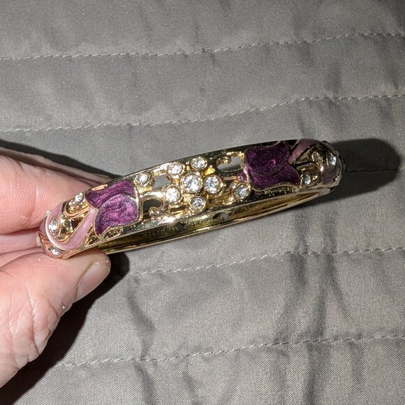 JTF Floral Gold Tone Hinged Bangle Bracelet with Purple & Pink Enamel 4882 - Picture 1 of 5